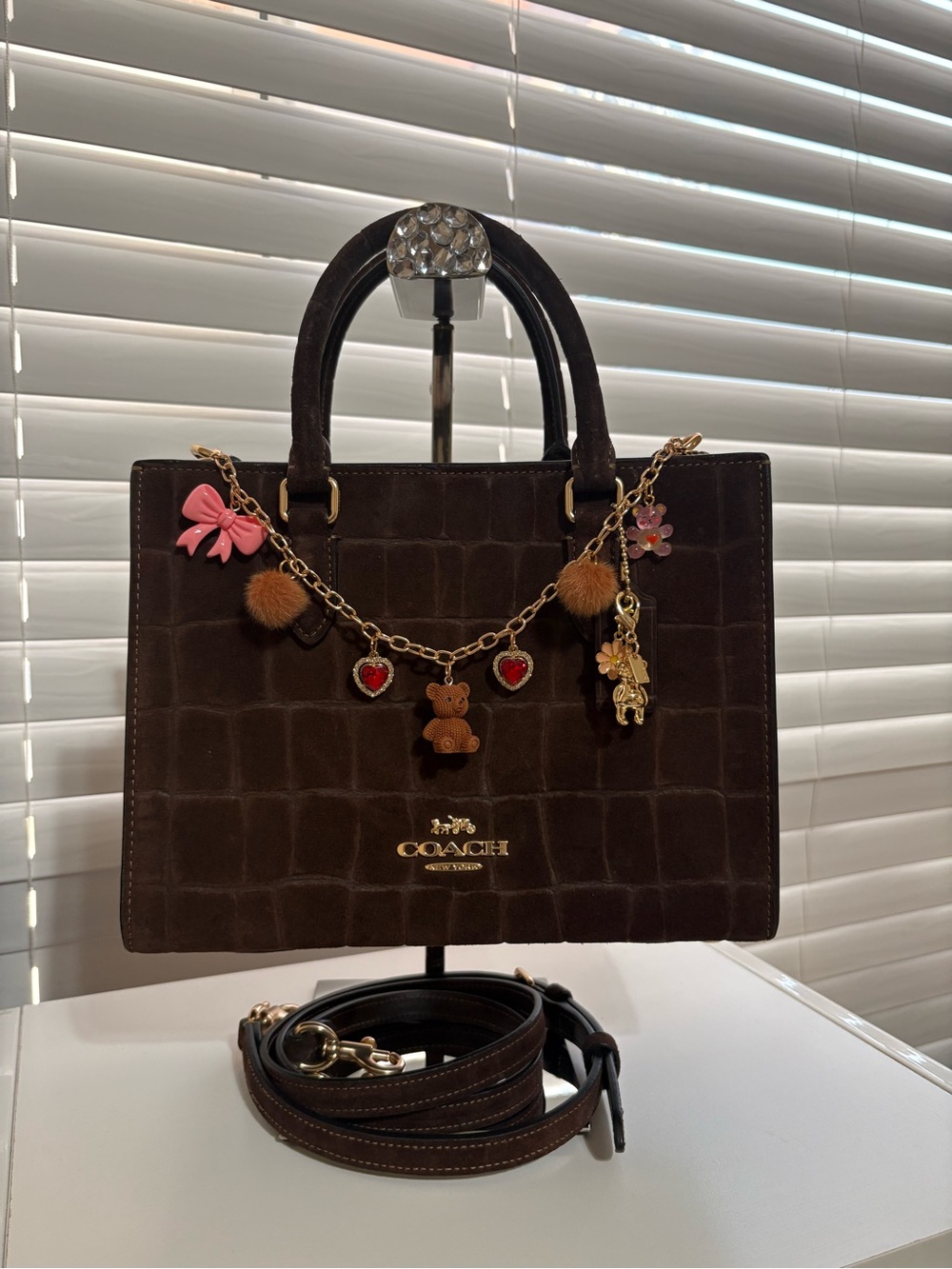 COACH Dark Brown Croc-Embossed Satchel Maggie Small Tote Bag. - Picture 1 of 13